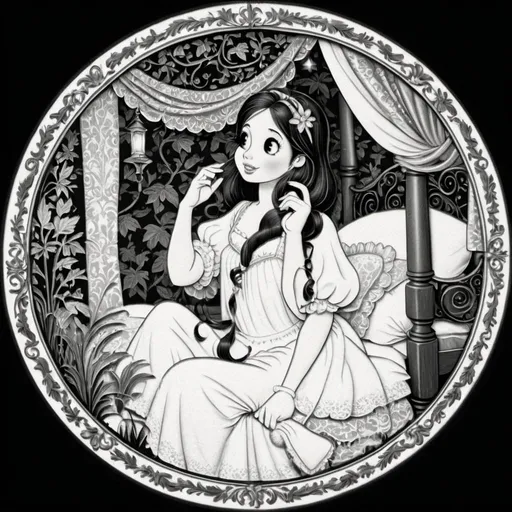 Prompt: Create a detailed black-and-white illustration of a young woman in a vintage, fairytale setting. She is sitting up in an ornate, canopied bed, brushing her long, flowing hair. The bed should be intricately designed with carved posts and luxurious drapery. Surrounding the bed, include rich patterns and textures to enhance the enchanting atmosphere. Add elements of a mystical forest visible through a nearby window or in the background, hinting at an otherworldly environment. The scene should be framed within a circular border adorned with delicate, whimsical decorations, reminiscent of classic storybook illustrations. Capture the serene and magical mood, emphasizing the fairytale quality of the scene.
