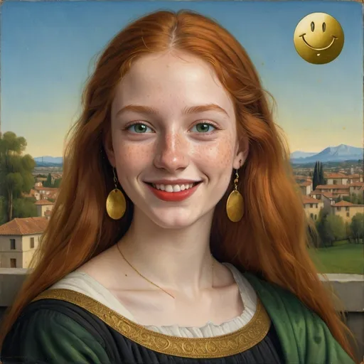 Prompt: a half-length portrait painting  of 20 year-old woman cover with dark freckle green eyes  long ginger hair red lipstick  on a smile on her face, "smiley-face-gold-earrings",  T-shirt, with a green background and a blue sky, Fra Bartolomeo, academic art, renaissance oil painting, a painting in the style of  Mona Lisa
