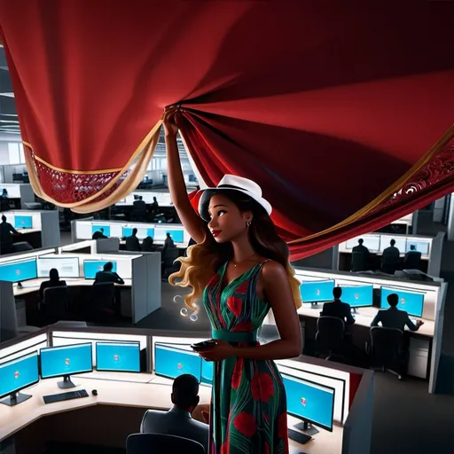 Prompt: a woman in a dress and hat standing in an office cubicle with a red curtain over her head, Elsa Bleda, hypermodernism, dystopia, a stock photo


Capture the clandestine world of a secretive government organization in this intriguing photo. The scene unfolds in a vast room bustling with activity, filled with rows of computer centers and busy workers. Shadows dance across the room, hinting at the covert nature of the operation.

At the heart of it all stands a 21-year-old woman, a beacon of innocence amidst the shadows. She wears a long flower print Empire Dress with a high neckline and a white hat, exuding an air of quiet determination. Her beautiful face, framed by long blond hair in a French braid, betrays a mix of curiosity and resolve.

With a graceful gesture, she raises a hand to reveal the hidden computer center, veiled behind a red fabric room divider. The divider hangs from the ceiling to the floor, concealing the secrets within. As the fabric parts, the truth behind the clandestine operation is unveiled, adding layers of intrigue to the scene.

This photo captures the tension between secrecy and revelation, inviting viewers to ponder the mysteries lurking beneath the surface. It's a visual narrative that combines elements of espionage, discovery, and the quest for truth in a world shrouded in shadows.