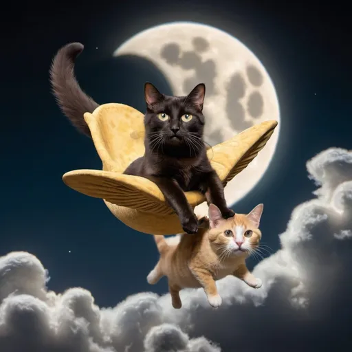 Prompt: Mona Lisa riding a cat as it is flying over the Moon.