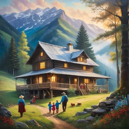 Prompt: 1 Grandmother and 1 grandfather and four grandchildren in a painting on a homestead on the side of a mountain in a mystical forest 
