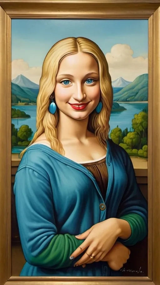 Prompt: a full-length portrait painting,
Mona Lisa,
cover with dark freckle,
blue eyes,
long blonde hair,
red lipstick,
a smile on her face, 
gold-earrings-with-a-smiley-face- ON-them,  
smiley-face-T-shirt, 
long blue jean,
with a green background and a blue sky,
1970s oil painting,

