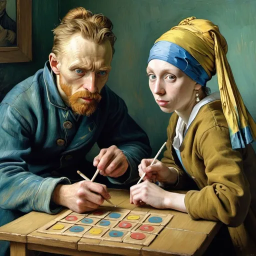 Prompt: " "Vincent van Gogh", and "the girl with the pearl earring" playing tic tac toe