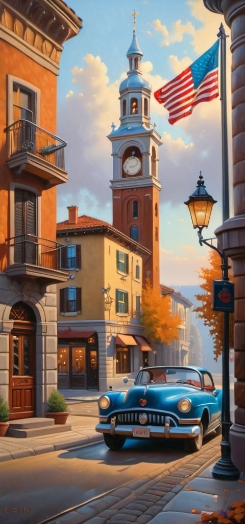 Prompt: a painting of a clock tower with a flag on the street in front of it and a car parked on the street, Evgeny Lushpin, american scene painting, detailed painting, a detailed painting