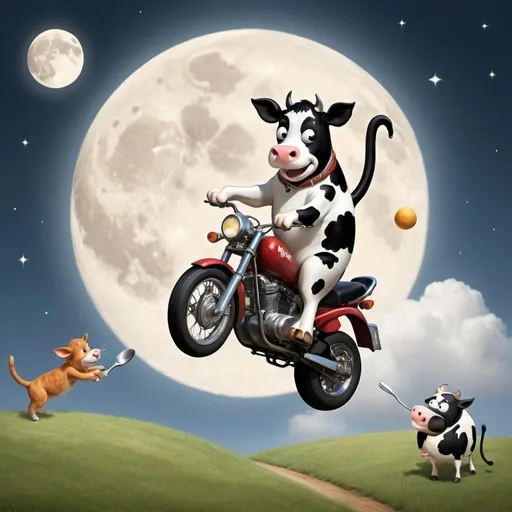 Prompt: make funny image for this 

"Hey diddle diddle
the cat in the fiddle
the cow jump over the moon
the little dog laughs to see such sports
and the dish went away with the spoon"

the cow cow riding on a motorcycle.