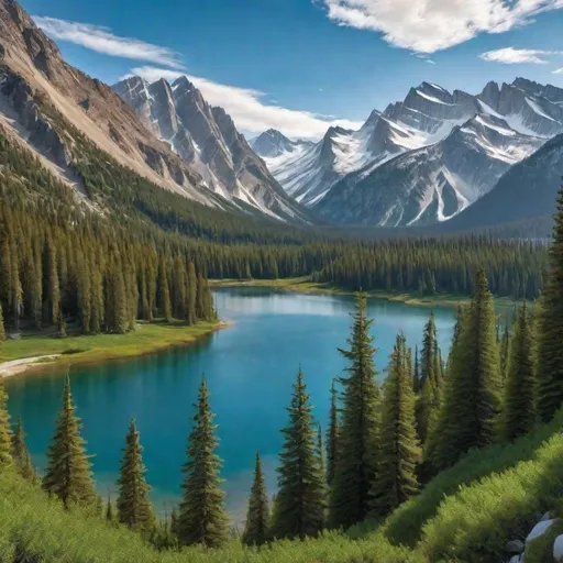 Prompt: a mountain range with a lake surrounded by trees and snow capped mountains in the background with a ,
Ansel Adams, 
naturalism, 
polarizing filter, 
professional photograph,
UHD  64K