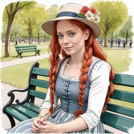 Prompt: Sketch of a woman with long red hair in French braid sitting on a bench in a park wearing a hat and dress with flowers,  Sketch by 5yo kid