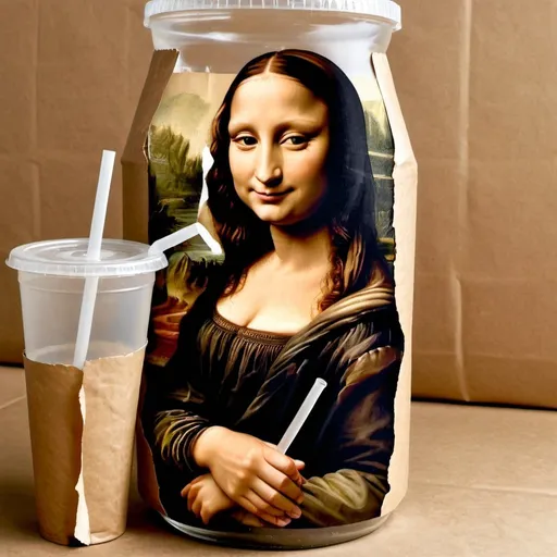 Prompt: Mona Lisa smiling while drinking   through a straw stuck in an open glass bottle wrap in a wrinkled brown paper.