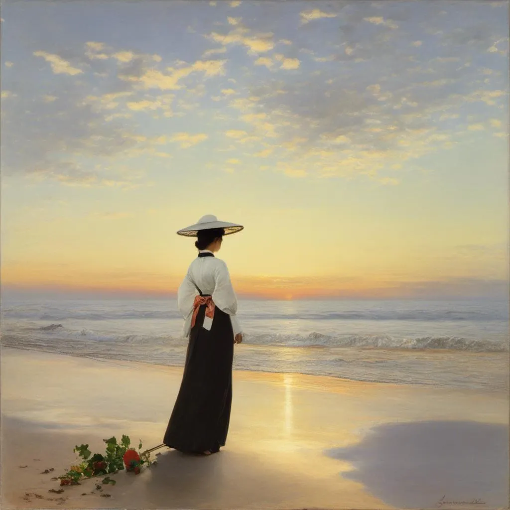 Prompt: japanese woman, 26yo,   (( long flower print Empire Dress with a high neck line and white hat)) standing at sea at dawn,  standing on white beach sand<mymodel>