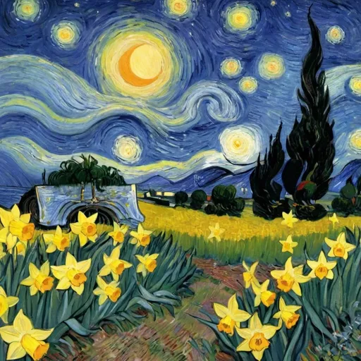 Prompt:  "The Starry Night" by Vincent van Gogh

I wandered lonely as a cloud
That floats on high o'er vales and hills,
When all at once I saw a crowd,
A host, of golden daffodils;
Beside the lake, beneath the trees,
Fluttering and dancing in the breeze.
Continuous as the stars that shine
And twinkle on the milky way,
They stretched in never-ending line
Along the margin of a bay:
Ten thousand saw I at a glance,
Tossing their heads in sprightly dance.
The waves beside them danced; but they
Out-did the sparkling waves in glee:
A poet could not but be gay,
In such a jocund company:
I gazed—and gazed—but little thought
What wealth the show to me had brought:
For oft, when on my couch I lie
In vacant or in pensive mood,
They flash upon that inward eye
Which is the bliss of solitude;
And then my heart with pleasure fills,
And dances with the daffodils.
[I Wandered Lonely as a Cloud by William Wordsworth]