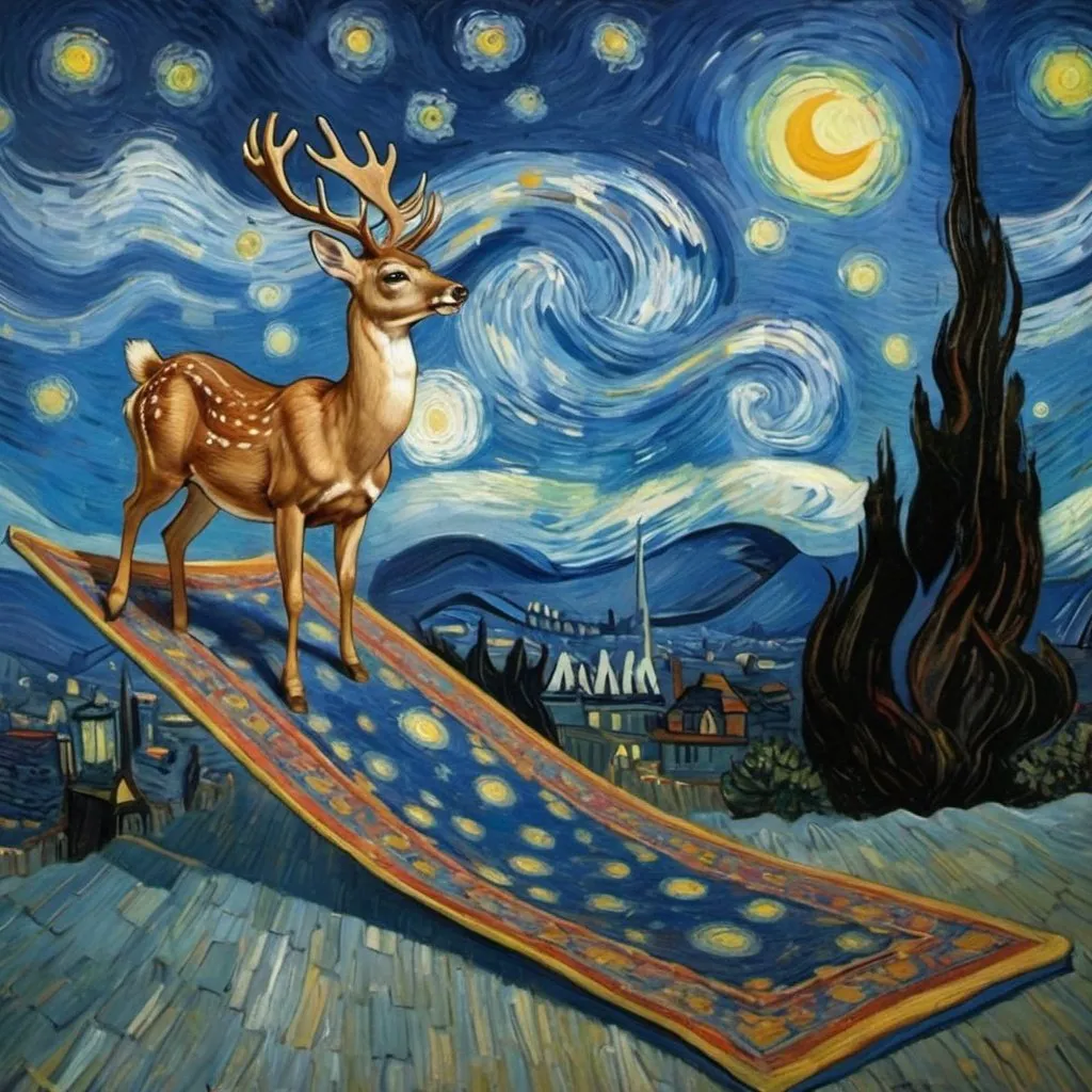 Prompt: A deer  flying on a "magic carpet" in "The Starry Night" by Vincent van Gogh