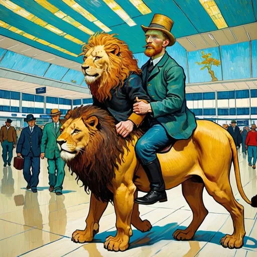 Prompt: "Vincent van Gogh"   riding a  lion in  an airport