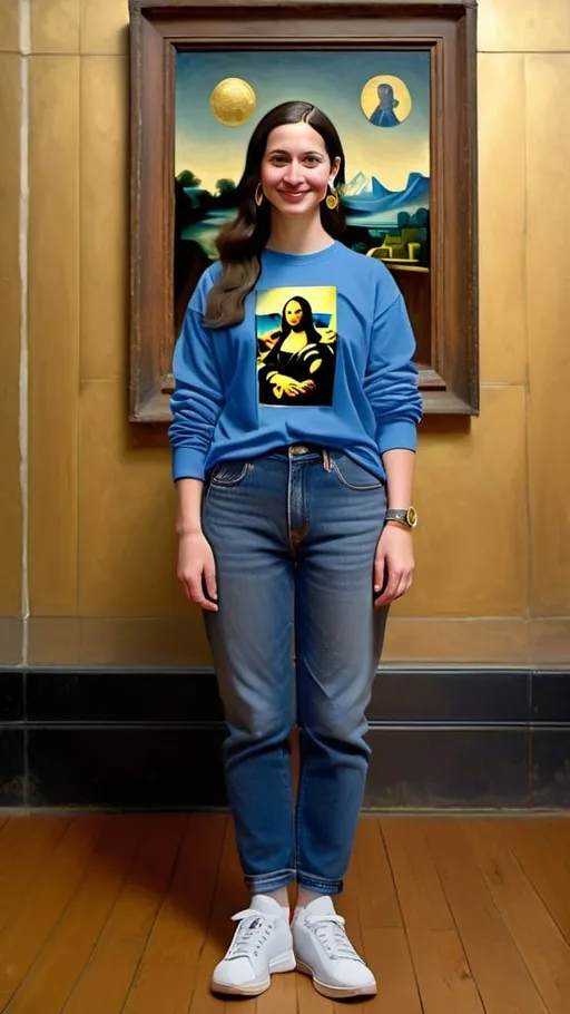 Prompt: a full-length portrait painting,
Mona Lisa,
standing a wax wood floor
a smile on her face, 
gold-earrings,  
Louvre Museum  souvenir t-shirt, 
long blue jean,
blue tennis shoes,
academic art, 
renaissance oil painting
