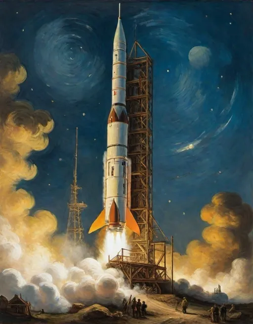 Prompt: an oil painting of a rocket is being launched on a clear night with fire andsmoke billowing out of it's back end,
Vincent van Goghi , 
post-impressionism, 
moon lighting,
rembrandt lighting, 
a flemish Baroque