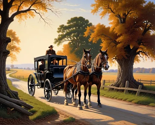 Prompt: a painting of a horse drawn carriage on a country road with a man and a woman in the background, Brothers Hildebrandt, american scene painting, highly detailed oil painting, a detailed painting