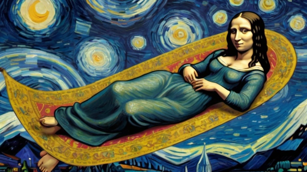 Prompt: "Mona Lisa" flying on a "magic carpet" in "The Starry Night" by Vincent van Gogh