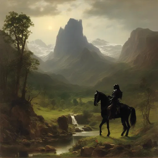 Prompt: <mymodel>a painting of a black knight on a horse in a mountainous landscape with a mountain range in the background and a stream running through the foreground, german romanticism, dark fantasy art, an album cover