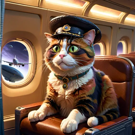Prompt: a  anthropomorphic Tortoiseshell  cat sitting on an airplane seat with a hat on his head and a attacking UFO in the night shy in the background with a window, Annie Leibovitz, precisionism, promotional image, an art deco painting