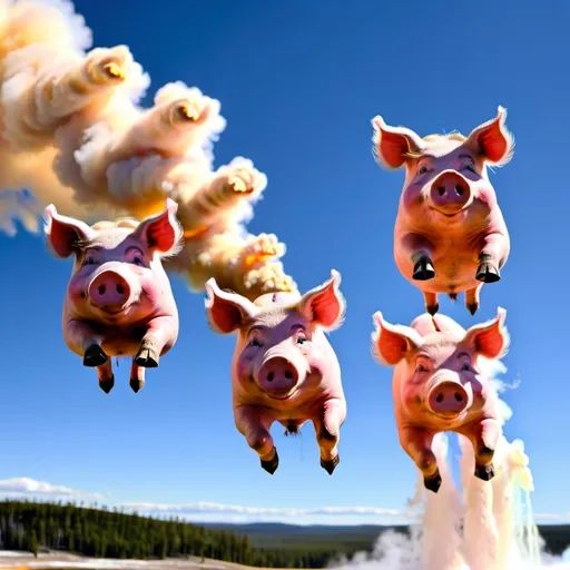 Prompt: three pigs flying over Old Faithful
