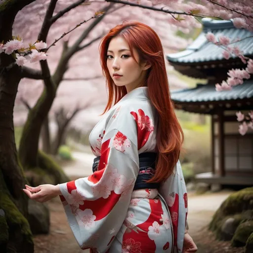 Prompt: Japanese woman in a kimono, serene forest setting, full-body shot, long red hair, open eyes, detailed, traditional Japanese art style, vibrant colors, peaceful atmosphere, cherry blossom trees, elegant pose, long flowing sleeves, serene expression, atmospheric lighting, professional, too small clothing