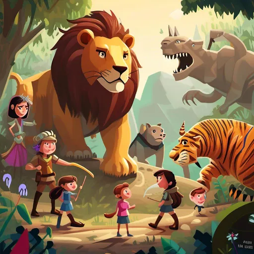 Prompt: "Create an illustration capturing the epic journey of six unlikely heroes on a quest to save a princess from the clutches of a tyrannosaurus. Let your imagination roam as you depict the lion, bull, tiger, rhinoceros, hippopotamus, and unicorn traversing treacherous landscapes, facing off against the fearsome beast, and ultimately uniting with the princess to overcome adversity. Show the bonds of friendship, the thrill of adventure, and the triumph of courage in your artwork. Feel free to add your own unique twists and details to bring this fantastical tale to life!"<mymodel>