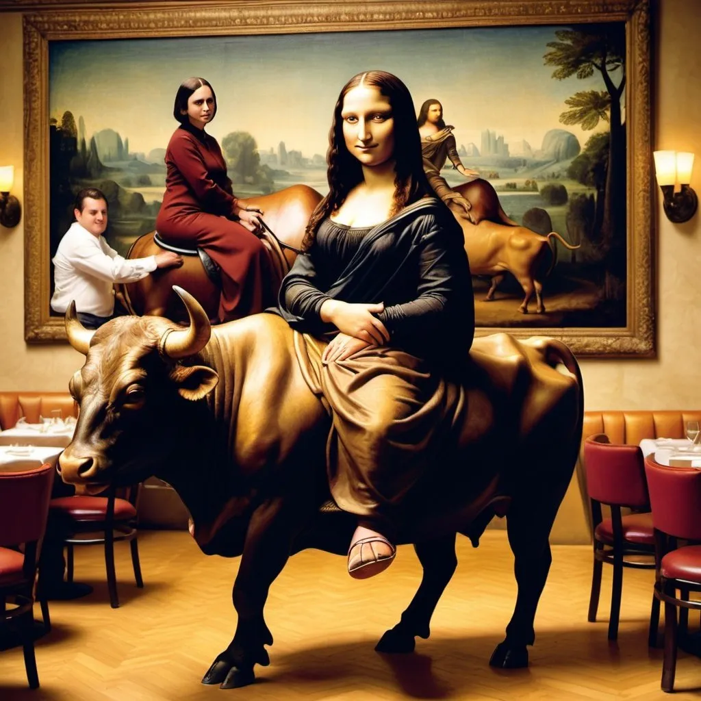 Prompt: Mona Lisa  riding a bull in  a a five star restaurant