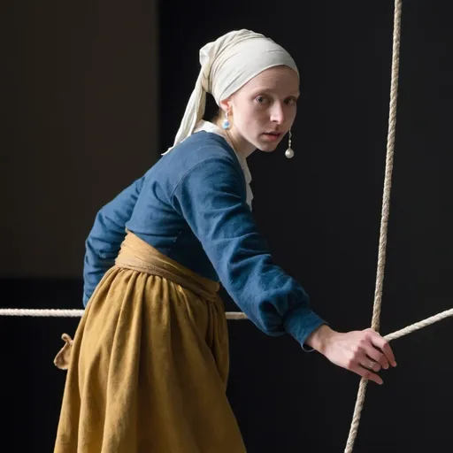 Prompt: "the girl with the pearl earring" walking on tightrope