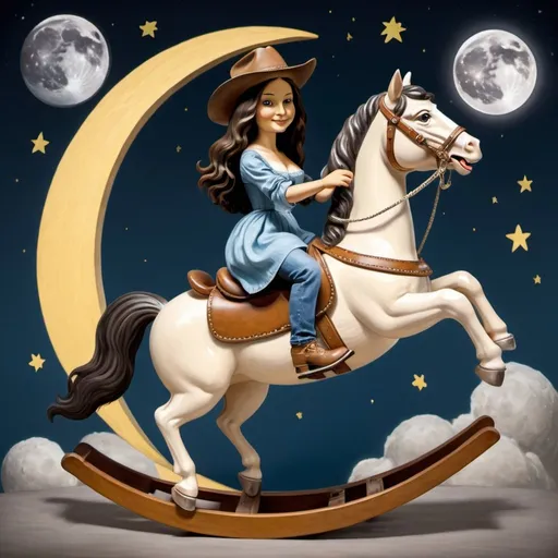 Prompt: Mona Lisa wearing cowboy hat riding a rocking horse, attach to wood rocker, that is jumping over the Moon.