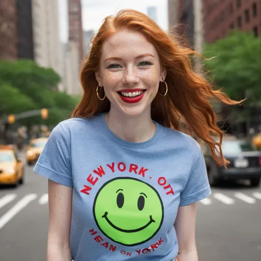 Prompt: portrait,  
(27 year-old woman,) 
(flying over New York city ),
(cover with dark freckle), 
(green eyes), 
(long ginger hair), 
(red lipstick), 
(a smile on her face), 
(earrings with a smiley face on it's earring hooks),  
(smiley-face t-shirt), 
(long blue jean), 
(red and blue tennis shoes),
photo
