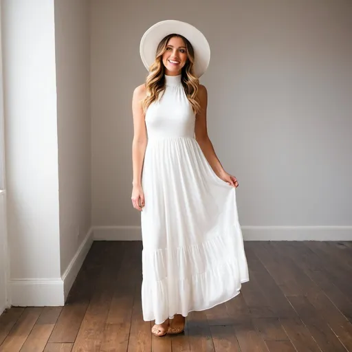 Prompt: happy 27-year-old woman standing on wax wood floor.   in an ankle length  long white Empire Dress with a high neck line and white hat,