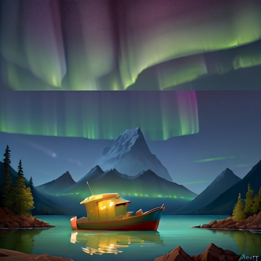 Prompt: a painting of a boat in a body of water under a sky filled with aurora lights and a mountain, Albert Bierstadt, space art, apocalypse, a painting