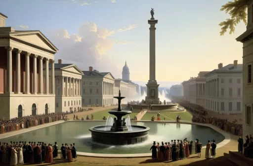 Prompt: Cole Thomas The Consummation The Course of the Empire 1836. a painting of a city with a fountain and people in it and a statue in the background with a building in the background, in the style of Fitz Hugh Lane, neoclassicism, classical painting, a detailed matte painting

