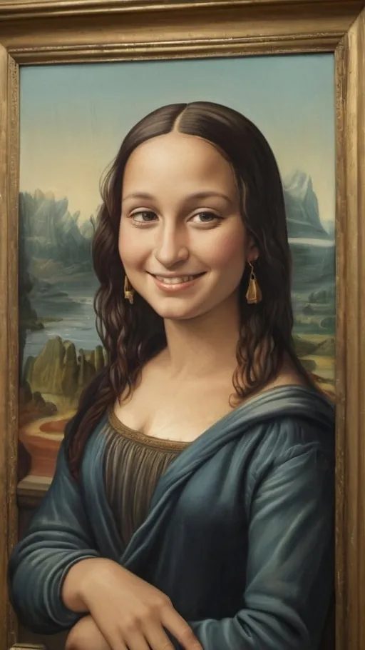 Prompt: a full-length portrait painting,
Mona Lisa,
standing a wood floor
a smile on her face, 
gold-earrings-with-a-smiley-face- ON-them,  
smiley-face-T-shirt, 
long blue jean,
with a green background and a blue sky,
1970s oil painting,

