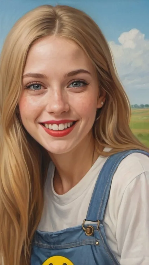 Prompt: a full-length portrait painting,
27 year-old  woman,
cover with dark freckle,
blue eyes,
long blonde hair,
red lipstick,
a smile on her face, 
gold-earrings-with-a-smiley-face- ON-them,  
smiley-face-T-shirt, 
long blue jean,
with a green background and a blue sky,
1970s oil painting,
