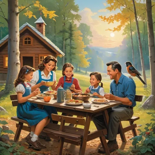 Prompt: a painting of a family sitting at a table in the woods eating a meal together with a birdhouse in the background,  american scene painting, official art, a storybook illustration
