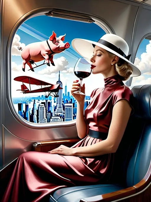 Prompt: a 21-year-old woman in a long flower print Empire Dress with a high neck line and white hat  sitting on an airplane seat with a hat on her head, drinking red wine, and a ((a pig  flying over New York city on hang glider))  in the background with a window, Annie Leibovitz, precisionism, promotional image, an art deco painting