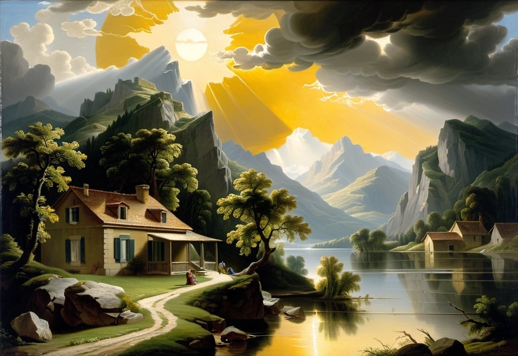 Prompt: painting of  a house  by a lake with mountains in the background and a sun above it, Anne-Louis Girodet, american scene painting, stormy weather, a professional painting, UHD 64K