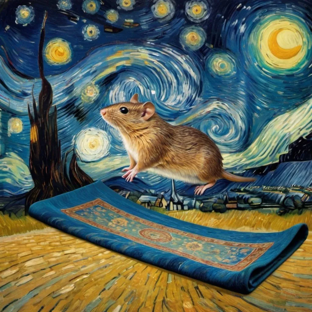 Prompt: A "Vole"  flying on a "magic carpet" in "The Starry Night" by Vincent van Gogh