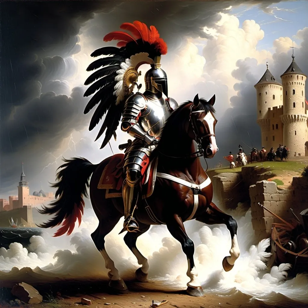 Prompt: The noble knight  his helmet crested with a plume of white feathers  rode forth to battle with a spirit that nothing could daunt, background The Castle was a vast and majestic pile standing on an eminence and commanding the whole of the country around, a dark and stormy night, The storm increased the thunder rolled and the rain continued to beat with unabated fury,Andreas Achenbach, american scene painting, Albert Bierstadt, an oil painting