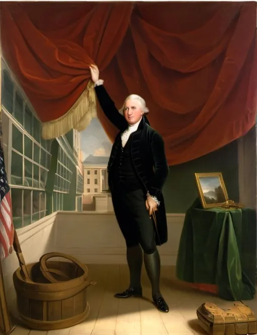 Prompt: a painting of Charles Willson Peale holding up a red curtain  in a room  to reveal His Museum by  Charles Willson Peale, american scene painting, painting, a painting