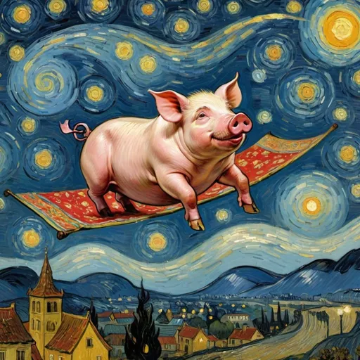 Prompt: A pig flying on a "magic carpet" in "The Starry Night" by Vincent van Gogh