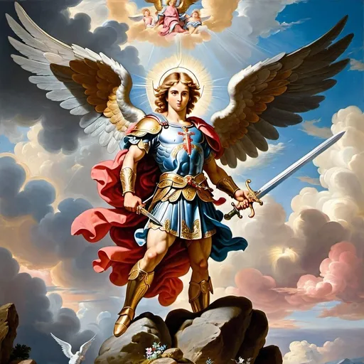 Prompt: a painting of St Michael archangel, with wings and a sword in his hand, standing on a rock with clouds in the background,