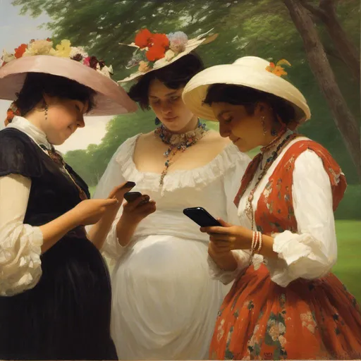 Prompt: three 21-year woman in (( long flower print Empire Dress with a high neck line and white hat))   looking at their phones the ((running of the bulls ))  together, one of them is looking at their phone,  <mymodel>