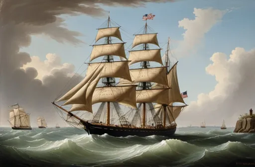 Prompt: "The packet ship Memphis of the Louisiana Line off the Skerries". Memphis was built in New York in 1839 by Smith, Dimon & Comstock. a painting by Samuel Walters  (1811–1882)  of a ship  in the ocean with a blue sky behind it and a ship  in the water,  in the style of Fitz Hugh Lane, american scene painting, painting, a painting
