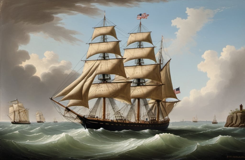 Prompt: "The packet ship Memphis of the Louisiana Line off the Skerries". Memphis was built in New York in 1839 by Smith, Dimon & Comstock. a painting by Samuel Walters  (1811–1882)  of a ship  in the ocean with a blue sky behind it and a ship  in the water,  in the style of Fitz Hugh Lane, american scene painting, painting, a painting