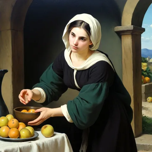 Prompt: Create a professional oil painting in the styles of Carl Heinrich Bloch, the American Barbizon School, William-Adolphe Bouguereau, and Flemish Baroque art. Depict a young woman in a serene, rustic setting, engaged in a domestic task, wearing a traditional 19th-century dress.

Subject: A young woman in a rural setting, arranging a bowl of oranges and apples on a wooden table covered with a white cloth.

Dress Description:

Overlay: Black dress with a fitted bodice.
Undershirt: White, with large, puffed sleeves gathered at the wrists, visible at the neckline and cuffs.
Skirt: Part of the black dress, long and full.
Details: Green accent fabric visible under the black sleeves. White headscarf tied loosely, covering her hair.
Composition: Position the woman centrally, leaning over the table, hands gently touching the fruit. Her expression should be serene and focused.

Background: Rustic interior with an arched doorway opening to a lush green landscape, including rolling hills, distant trees, and a bright blue sky with soft white clouds.

Lighting: Use chiaroscuro with light coming from the right, illuminating her face and hands, casting soft shadows on the table and fruit. The background should have gentle, natural light contrasting with the darker interior.

Detail and Realism: Emphasize textures and details of the dress, fruit, and setting. Ensure the fabric looks realistic with visible folds. The fruit should appear fresh and vibrant.

Color Palette: Rich, deep tones. The black dress contrasts with the white undershirt and headscarf. The fruit should be vibrant oranges and apples. The background should have earthy tones and lush greens.

Atmosphere: Calm and reflective, capturing a timeless moment of simplicity and beauty in rural life.

This rephrased prompt should help the AI tool to clearly understand the specifics of the dress and scene, ensuring accurate representation.