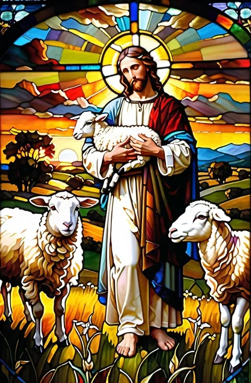 Prompt: a painting of jesus holding a lamb in a field of sheep with the sun setting behind him and a shepherd standing in the grass, Carl Heinrich Bloch, gothic art, bouguereau, a cross stitch