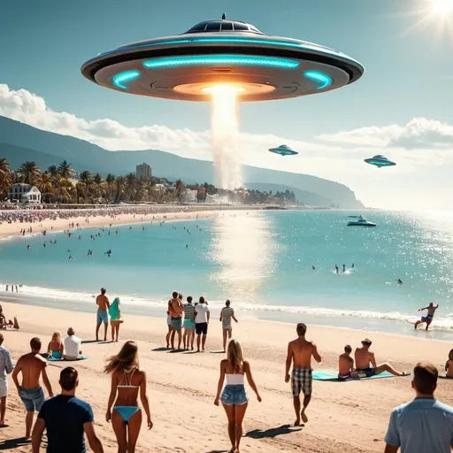 Prompt: excited people a public beach, while UFO is attacking









