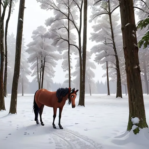 Prompt: a horse standing in the snow in a wooded area with trees and snow on the ground 