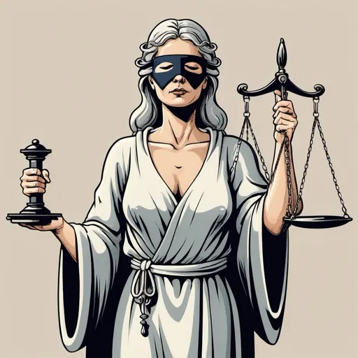 Prompt: A political cartoon illustrating unfairness schedule a defendant lawsuits Lady Justice, with a blindfold, covers her eyes in a full robe she is holding  a scale made  out of balance 






